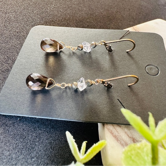 Herkimer Diamond and Smoky Quartz Earrings 14k Gold Lever back - Picture 4 of 11